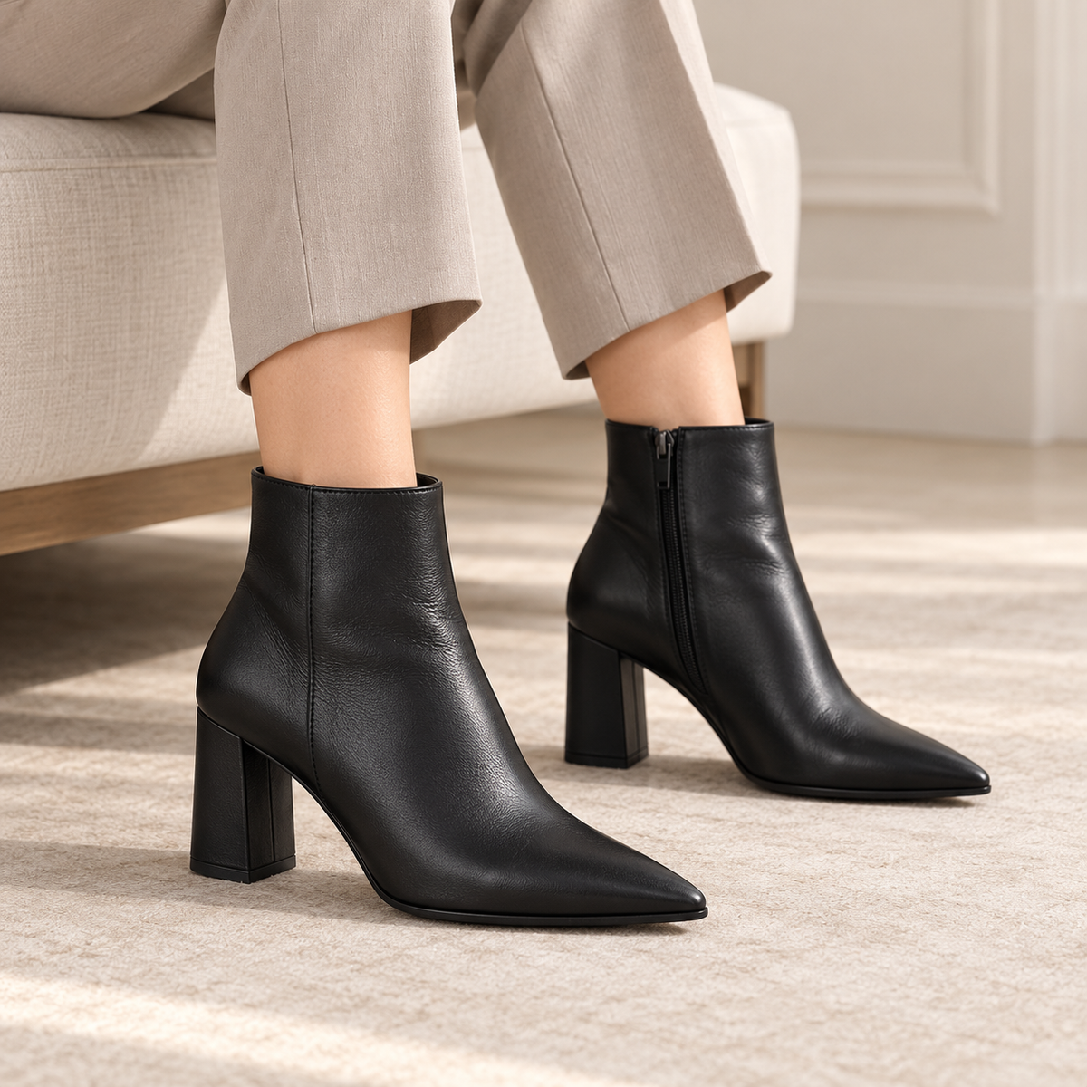 Woman wearing a charcoal suit and black square-toe platform Chelsea ankle boots outside a stone building.