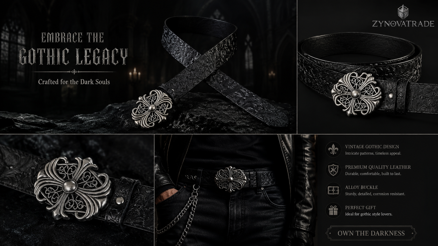 Gothic Cross Engraved Leather Belt