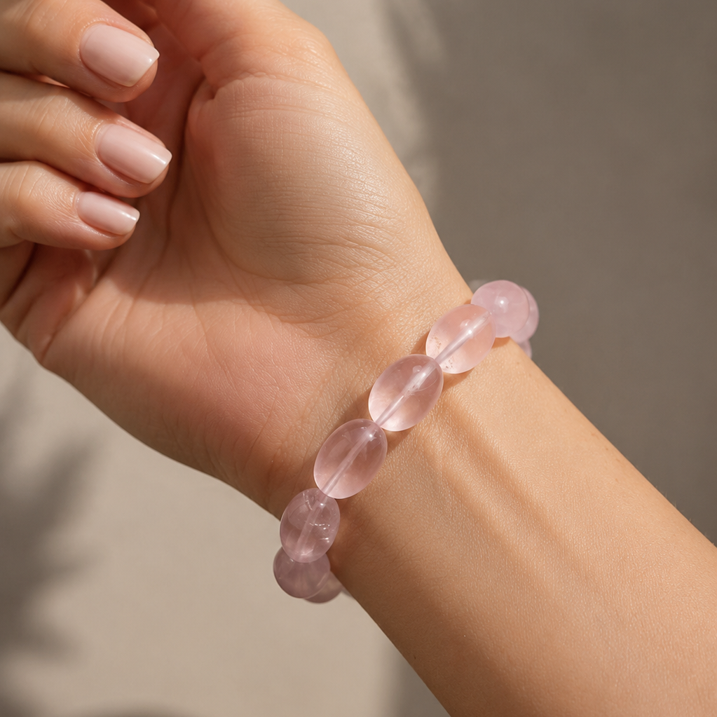 Natural Rose Quartz Sugar Bean Bracelet – 11×14mm