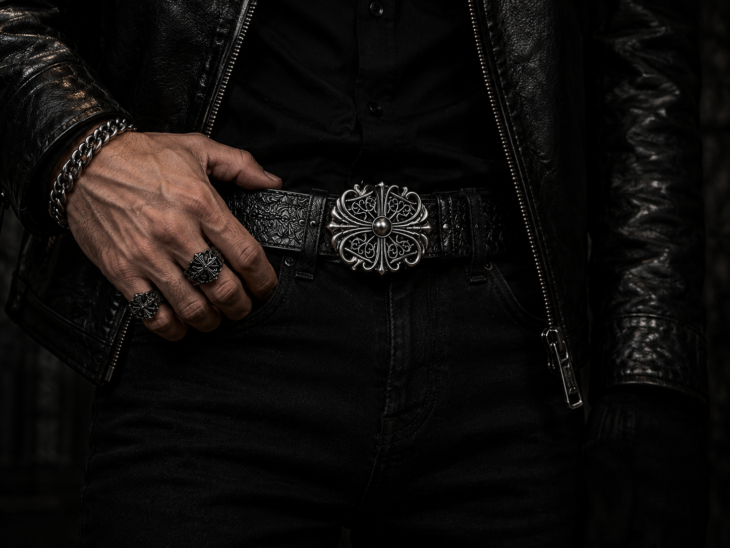Gothic Cross Engraved Leather Belt