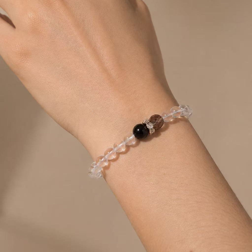 Clear Quartz, Smoky Quartz & Obsidian Bracelet with 925 Silver