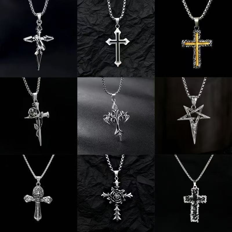 9PCS Gothic Punk Cross Necklace Set for Men – Stainless Steel Streetwear Pendant Jewelry Collection