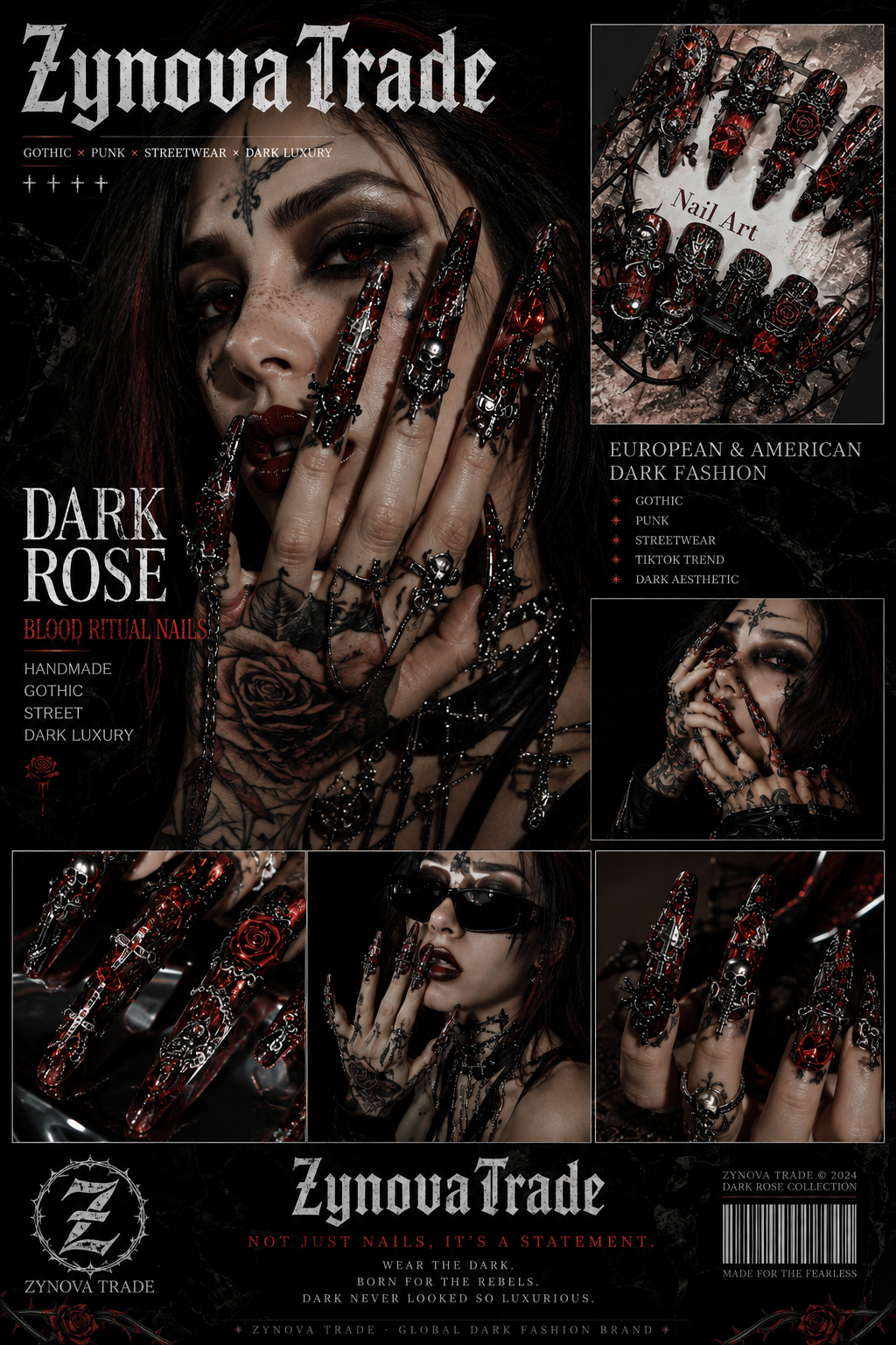 Dark Rose Gothic Press-On Nails – Punk Luxury Nail Art Set