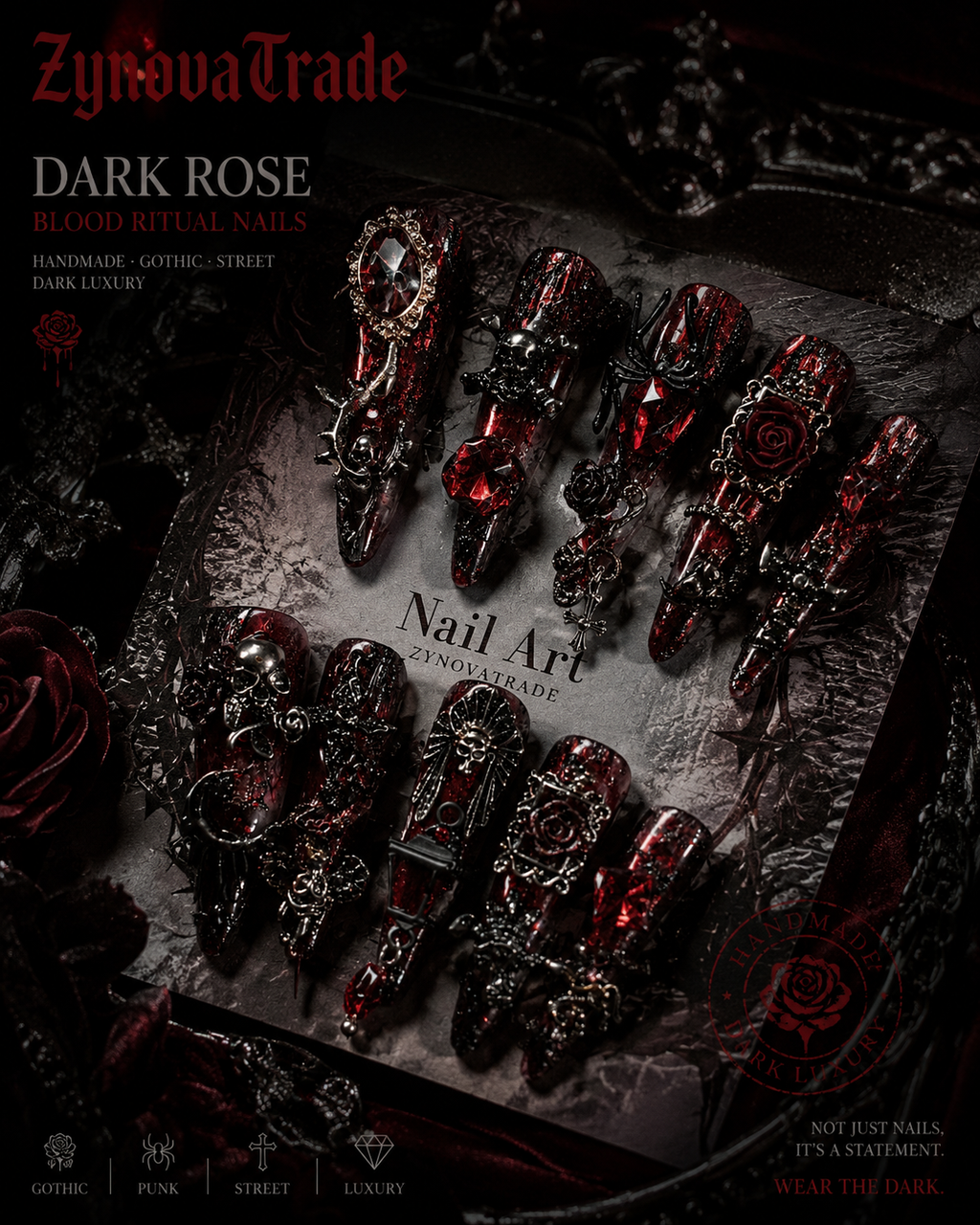 Dark Rose Gothic Press-On Nails – Punk Luxury Nail Art Set