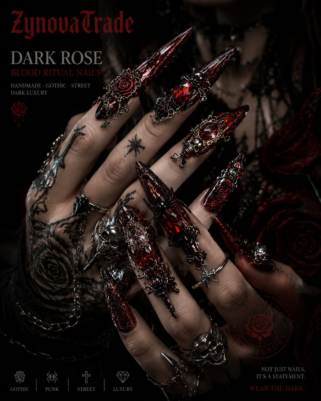 Dark Rose Gothic Press-On Nails – Punk Luxury Nail Art Set