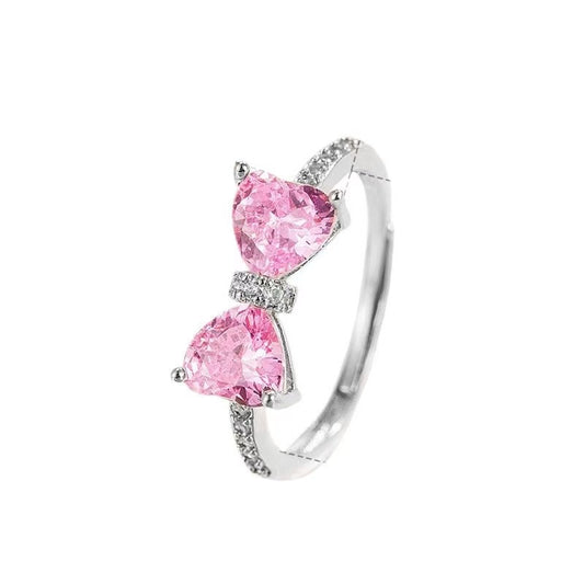 Dainty Crystal Bow Open Ring – Adjustable Silver Ring