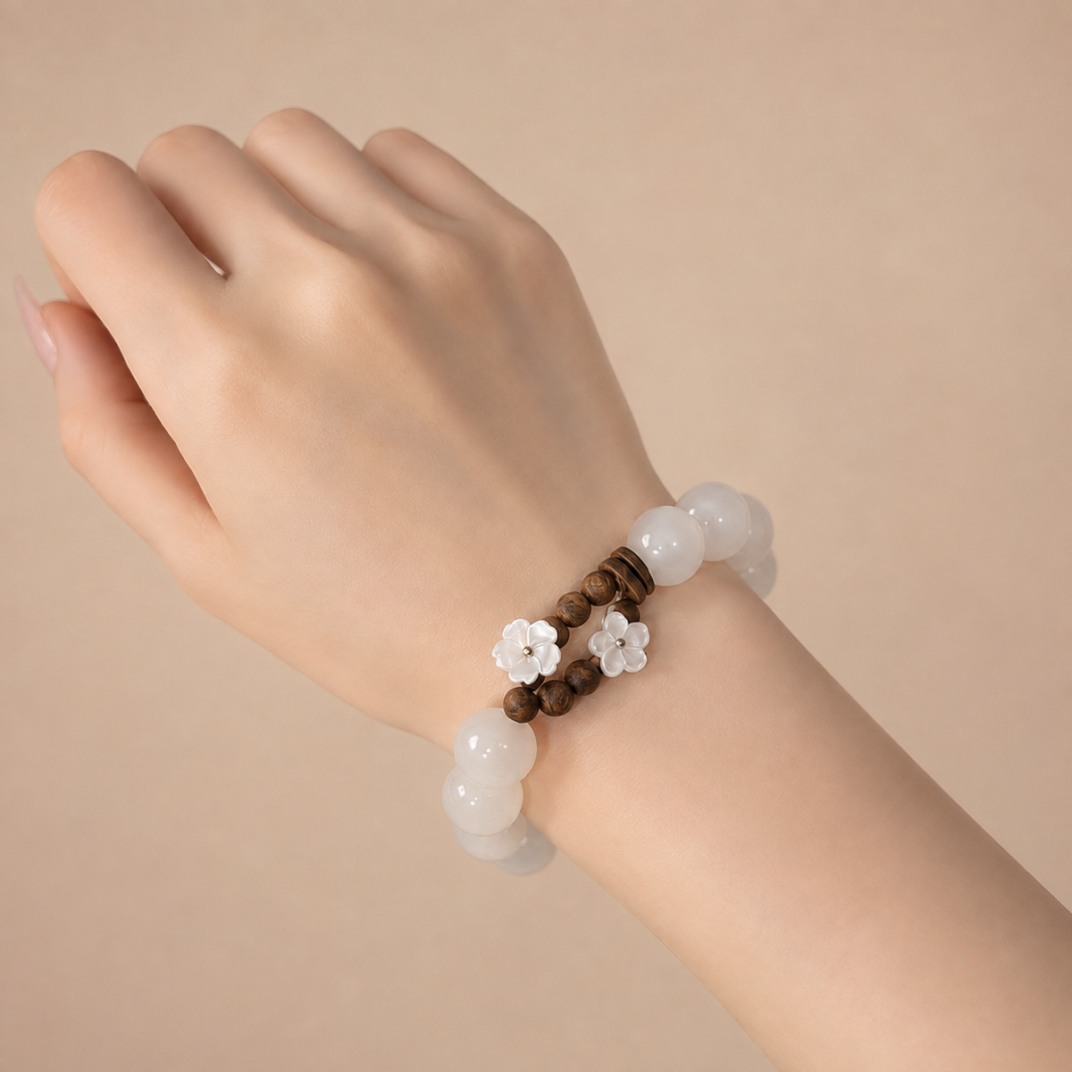 Ivory Bloom — White Stone & Agarwood Bracelet