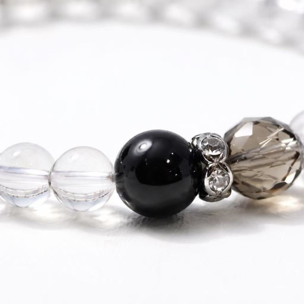 Clear Quartz, Smoky Quartz & Obsidian Bracelet with 925 Silver