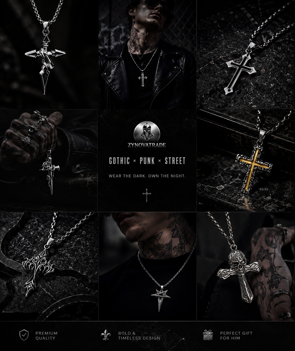 9PCS Gothic Punk Cross Necklace Set for Men – Stainless Steel Streetwear Pendant Jewelry Collection