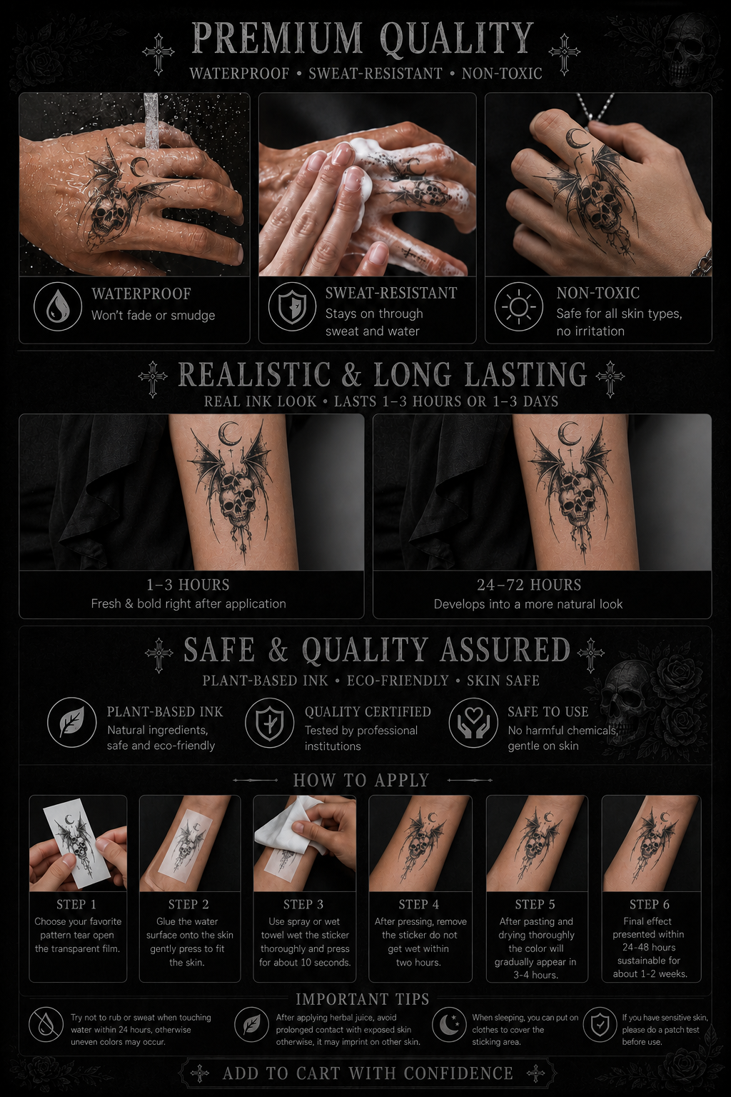 Gothic Temporary Tattoo Sticker – Waterproof Blackwork Cross & Dark Art Design