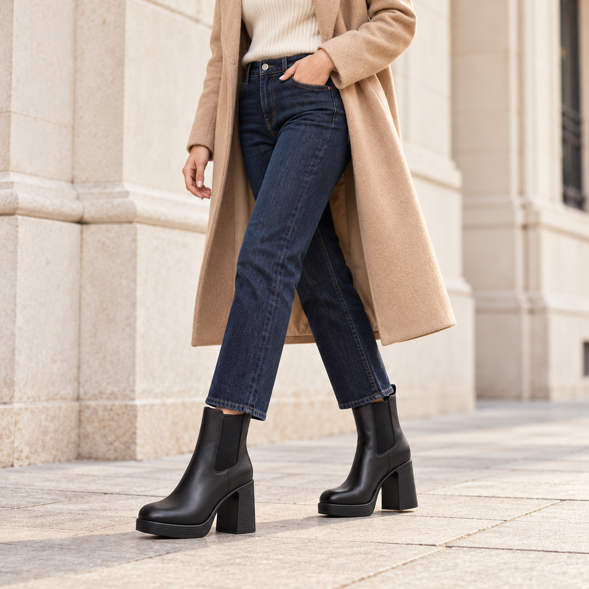 Woman wearing a charcoal suit and black square-toe platform Chelsea ankle boots outside a stone building.
