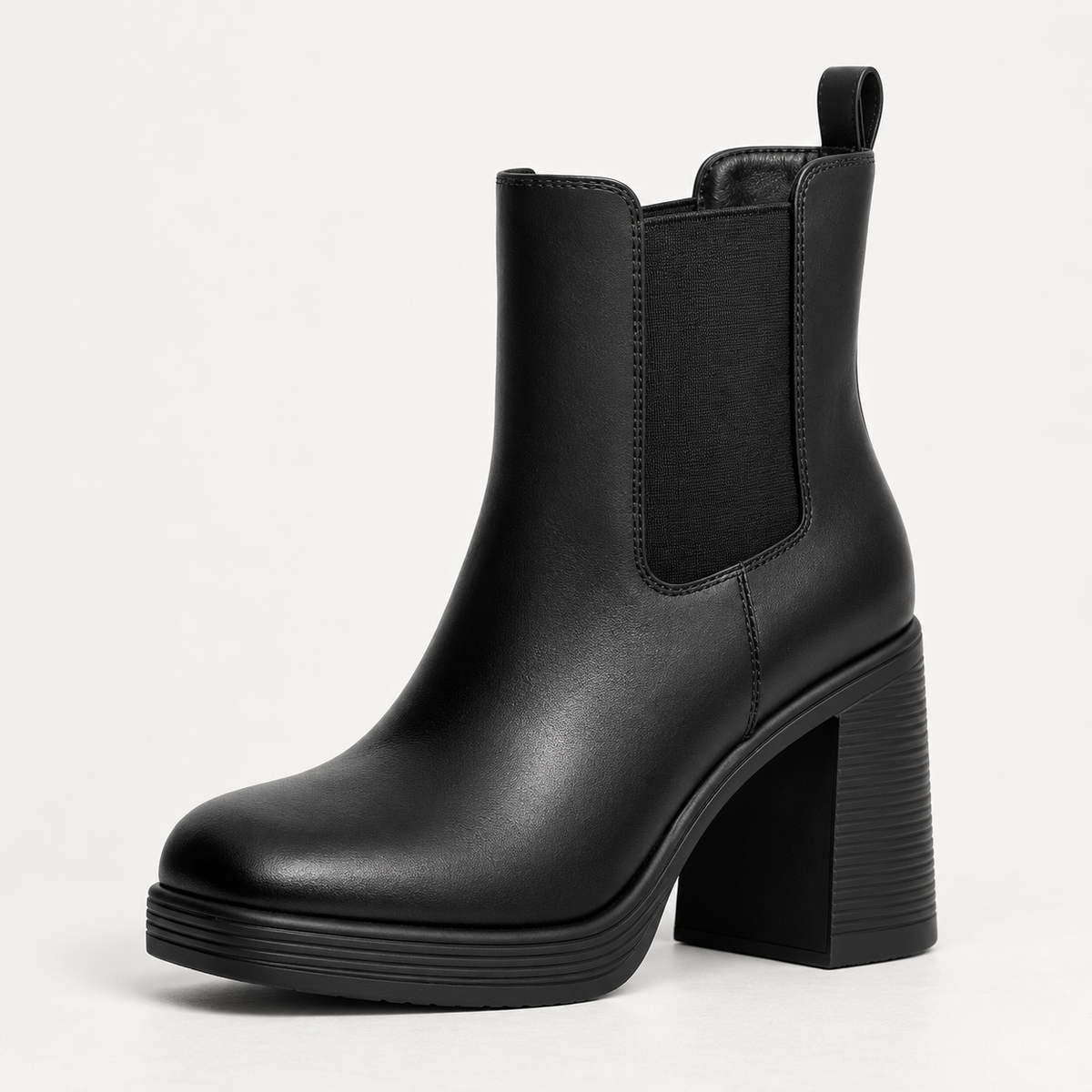 Lambskin square-toe Chelsea boot with a sculpted block heel and platform sole.