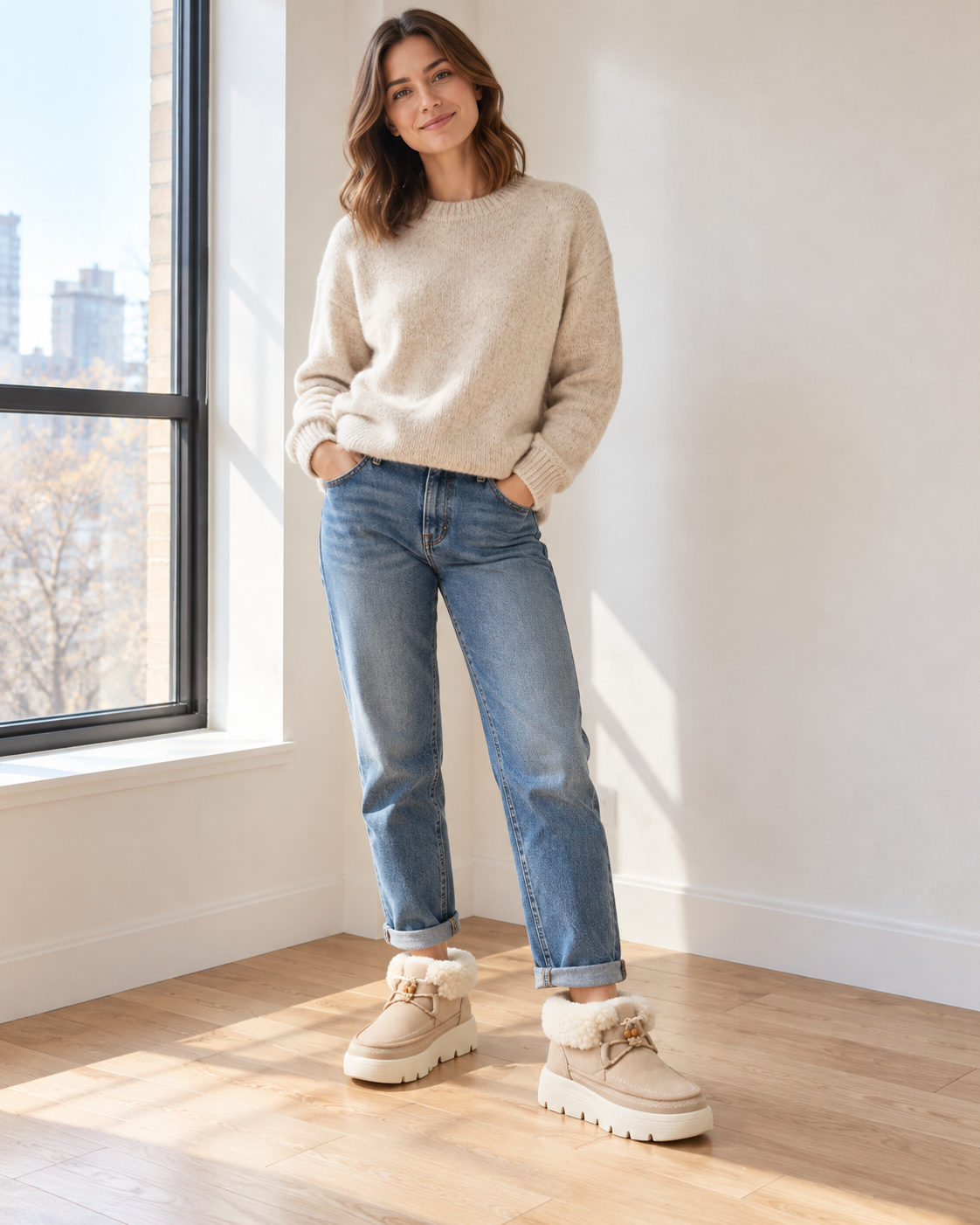 Woman wearing a camel coat, ivory knit and dark blue jeans with black platform Chelsea ankle boots.