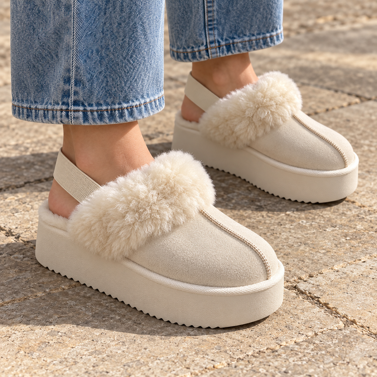 Suede Platform Slippers with Wool-Blend Lining